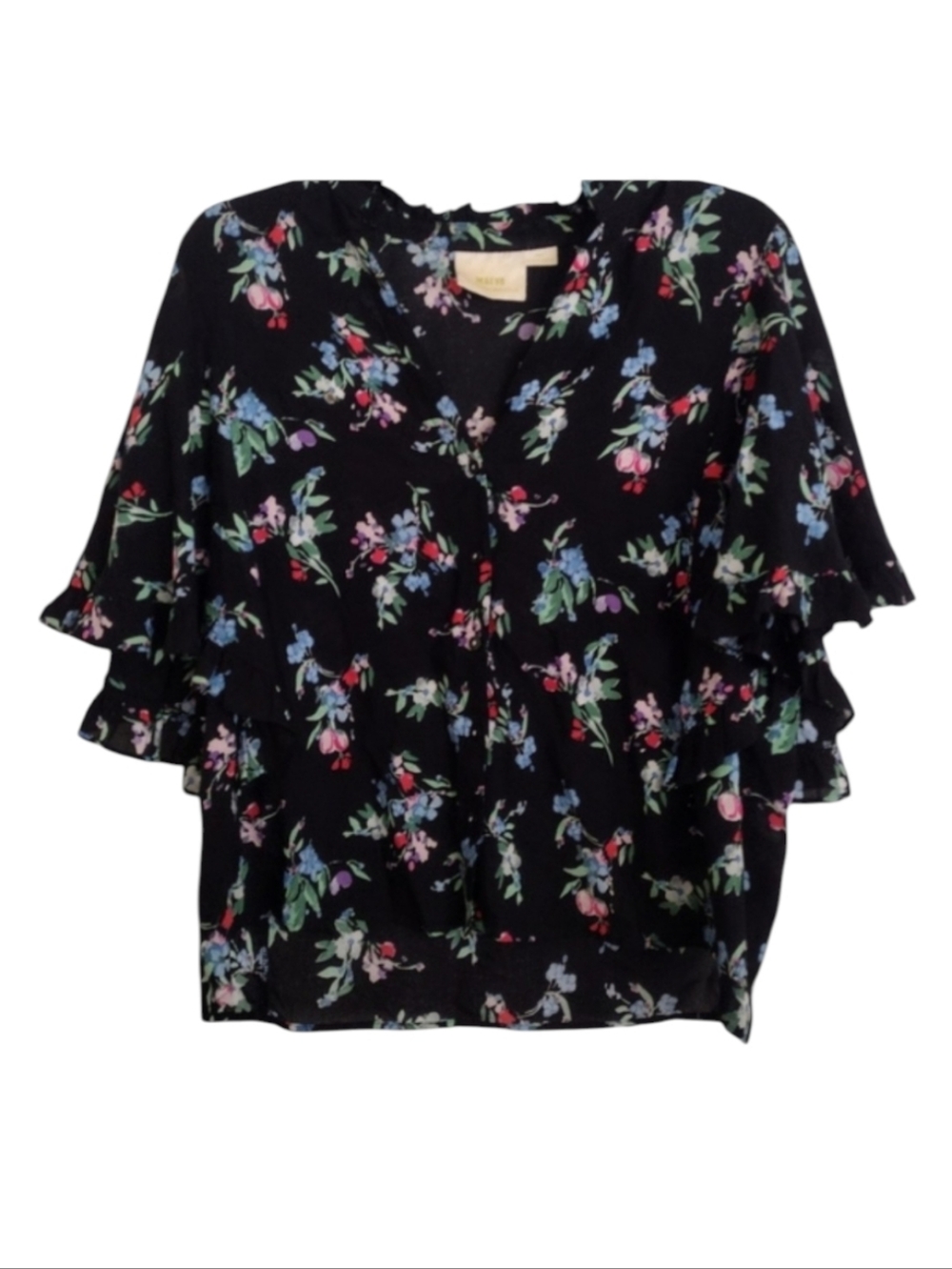 Maeve Anthropologie Aveiro Flutter Sleeve Black Floral Button Down Blouse Small